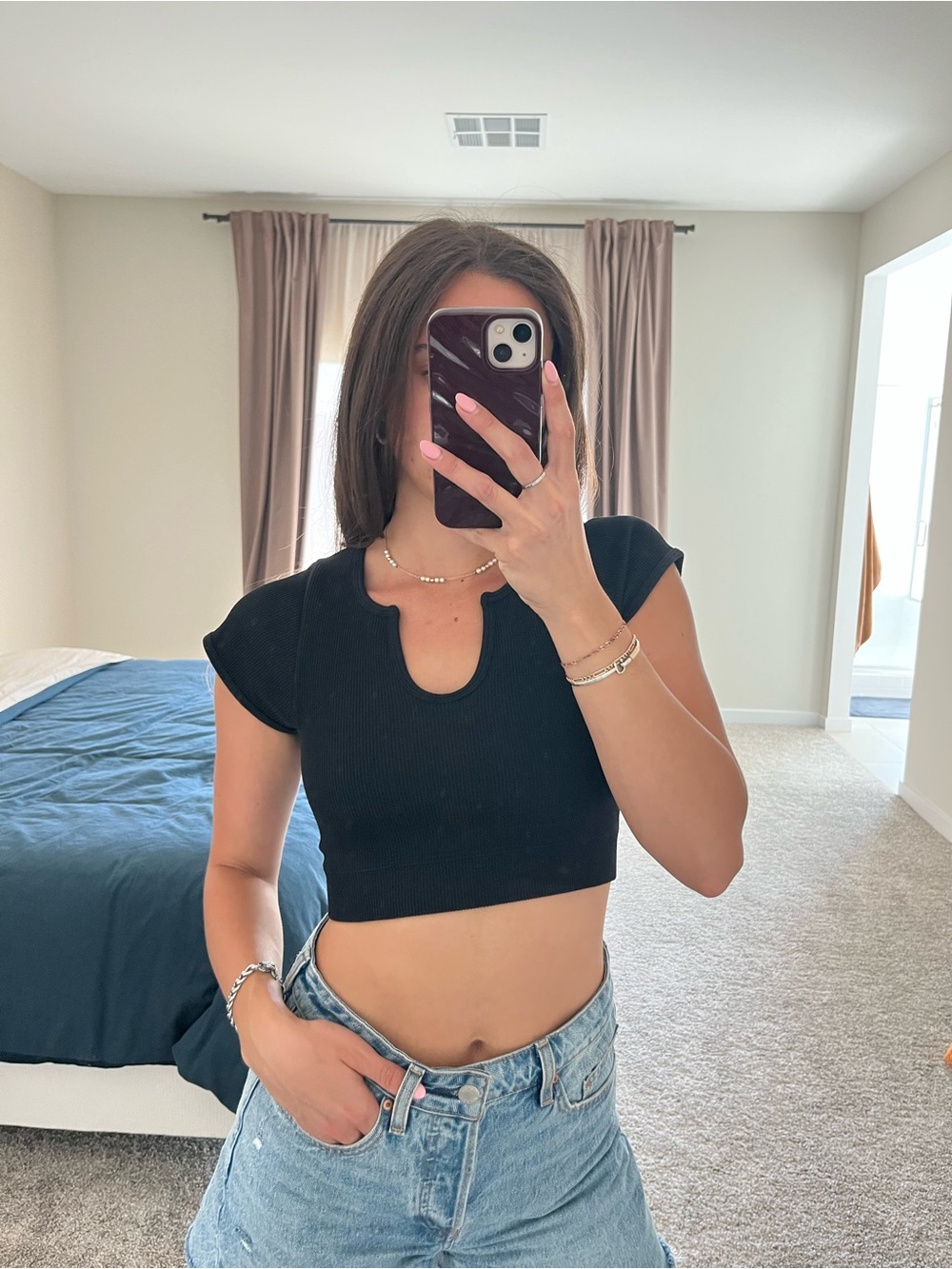 Black Ribbed Notch-Neck Crop Top